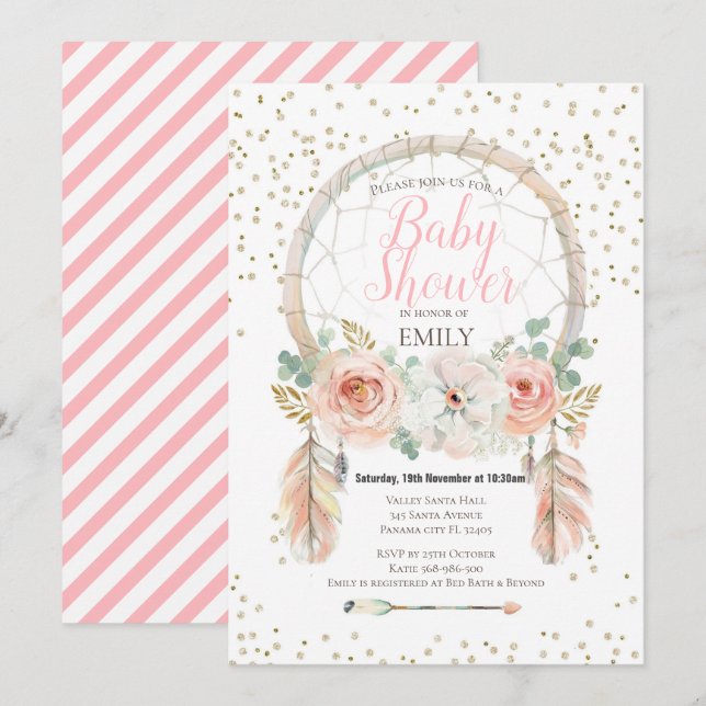 Convite Boho Sonhador Dourado Rosa (Frente/Verso)