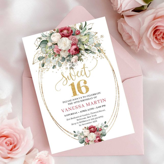 Convite Boho Vermelho Borgonha Dourado Rosas Sweet (Boho Red Burgundy Gold Roses Sweet Sixteen Invite)