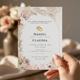 Convite Boho Wedding Anéis Dourados Florais Amor