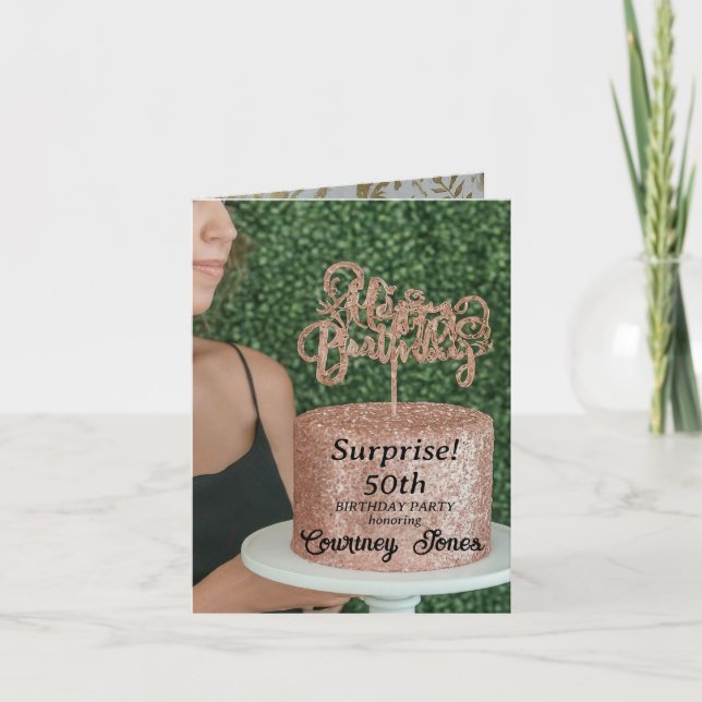 Convite Bolo de aniversário de rosa Dourado com brilho 50º (Frente)