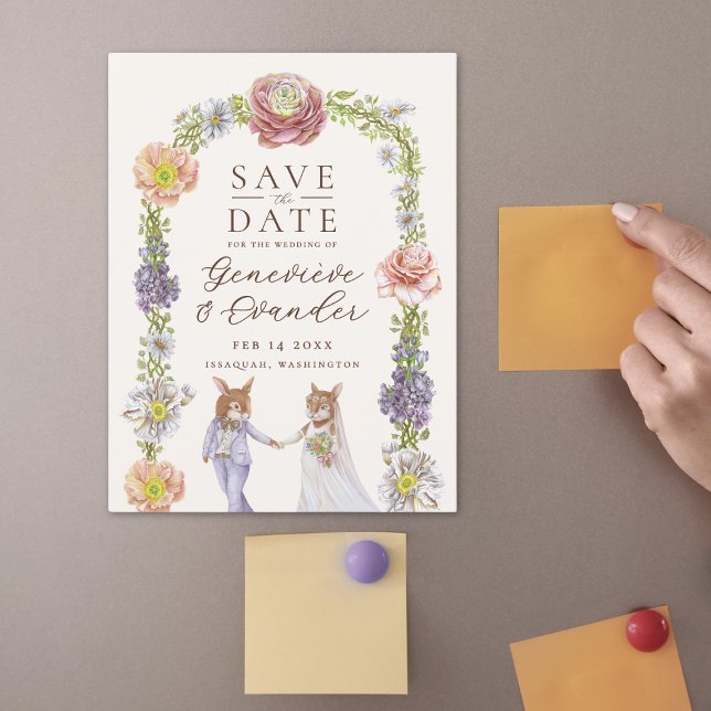 Convite Bonita Boho Bunny Amor Casamento Floral Salvar Dat (Illustrated bunny rabbit themed wedding save the date magnetic cards with watercolor flowers)