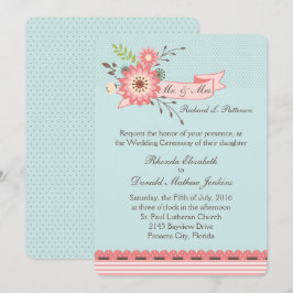 Convite bonito de Casamento Floral Azul e Coral