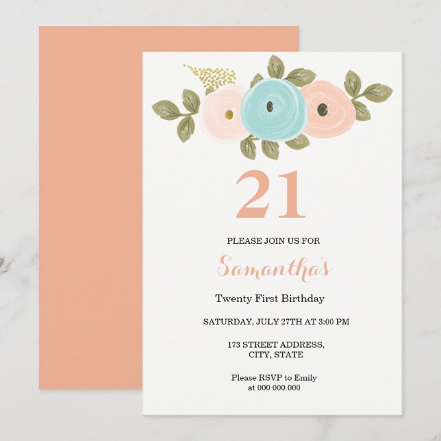 Convite Bonito Floral para o aniversário de 21 ano (Frente/Verso)