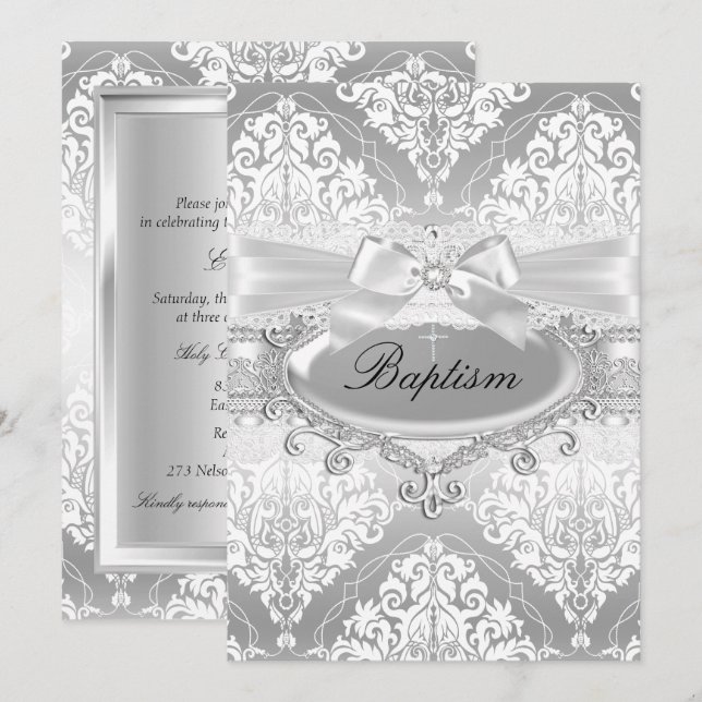 Convite bonito para Batismo do Arco Silver Damask (Frente/Verso)