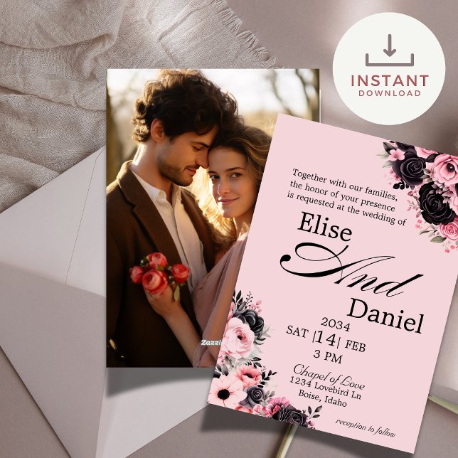 Convite bonito para Casamento Floral Rosa e Preto (Criador carregado)