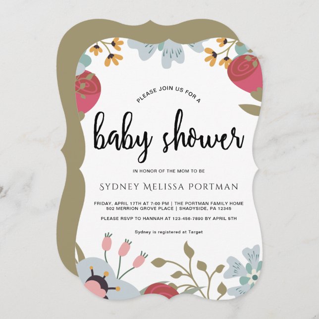 Convite bonito para Chás de fraldas Botânicos (Frente/Verso)