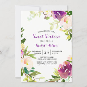 Convite Bonito Purple Floral Sweet 16