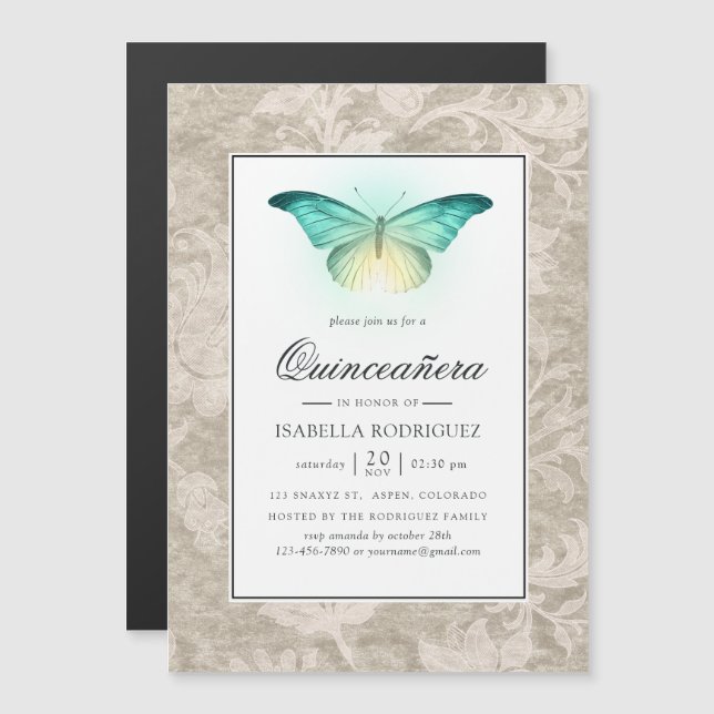 Convite Borboleta brilhante e Vintage Damask Quinceañera (Frente/Verso)