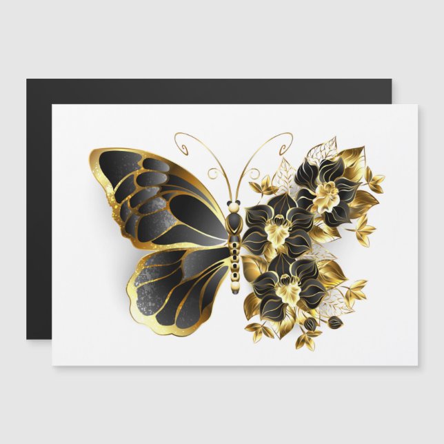 Convite Borboleta Flor Dourada com Orquídea Preta (Frente/Verso)