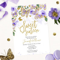 Convite Borboleta Sweet 16 Floral Roxo Dourado