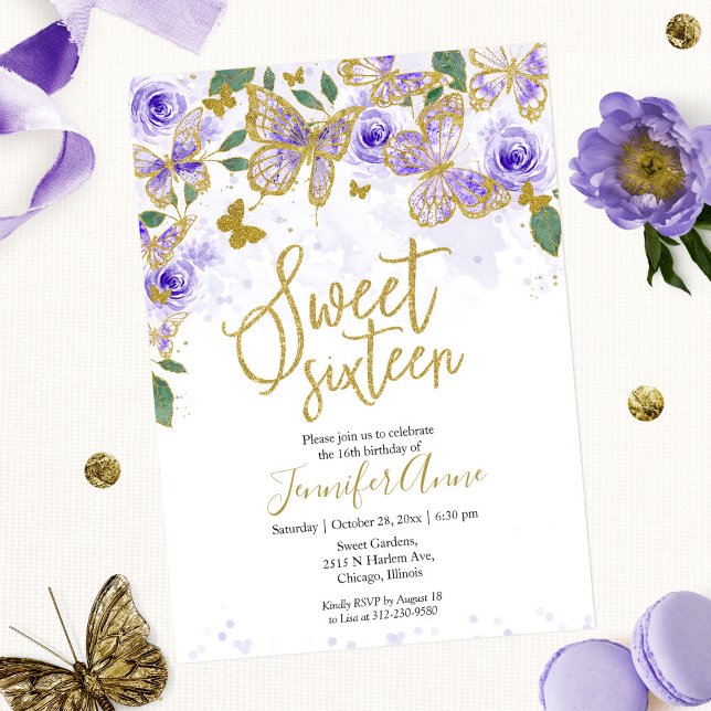 Convite Borboleta Sweet 16 Floral Roxo Dourado (Criador carregado)
