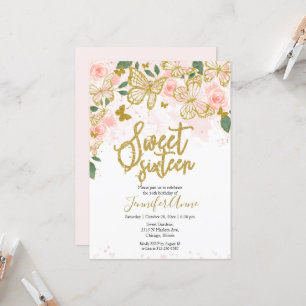 Convite Borboleta Sweet 16 Rosa Floral Dourado