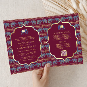Convite Borgonha Azul Marinho Dourado Elefante Casamento I