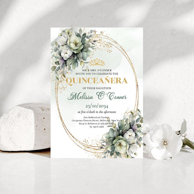 Convite Botânico Boho Quinceañera Verde Dourado (Boho Botanical Quinceañera Greenery Gold Invitation)