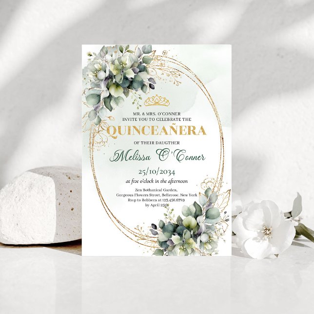Convite Botânico de Quinceañera Verde e Branco (Greenery And White Quinceañera Botanical Invite)