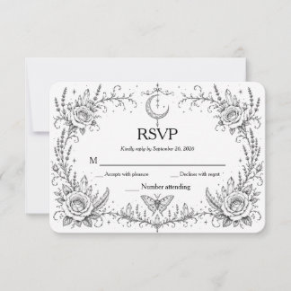 Convite Botânico Gótico RSVP Preto e Branco