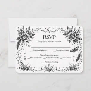 Convite Botânico Gótico RSVP Preto e Branco