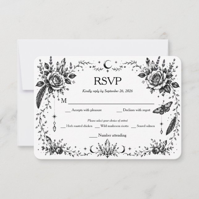 Convite Botânico Gótico RSVP Preto e Branco (Frente)