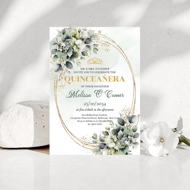 Convite Botânico Greenery Gold Quinceanera (Greenery Botanical Gold Quinceanera Invite)
