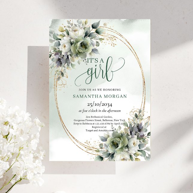 Convite Botânico Verde Empoeirado É Uma Menina (Dusty Green Botanical It’s A Girl Invitation)