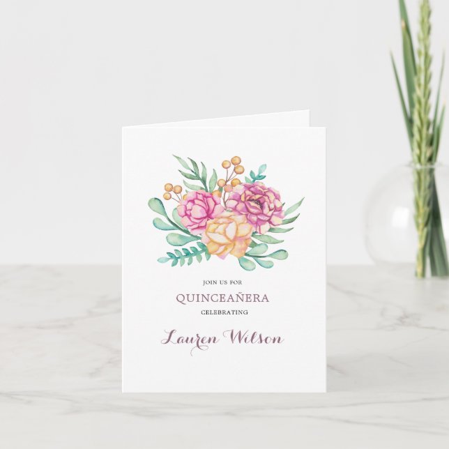 Convite Bouguet Quinceanera, Peonies Rosa, Dobrada (Frente)