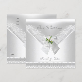 Convite Branco de Casamento Laço Branco de Renda F