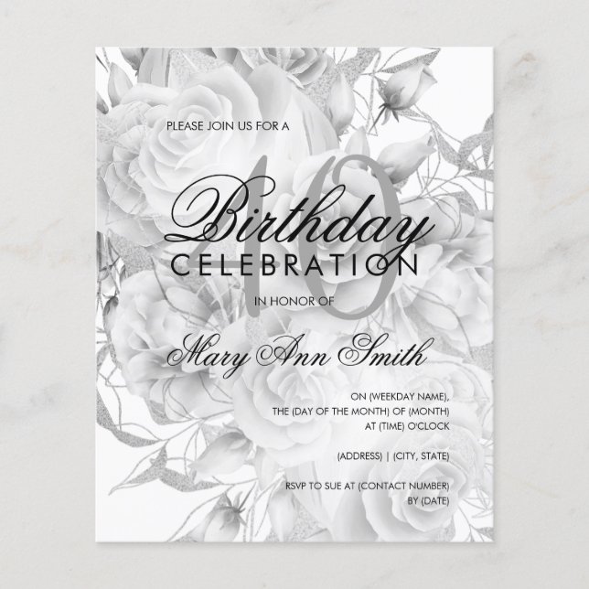 Convite Branco de Prata Floral Elegante aniversári (Frente)