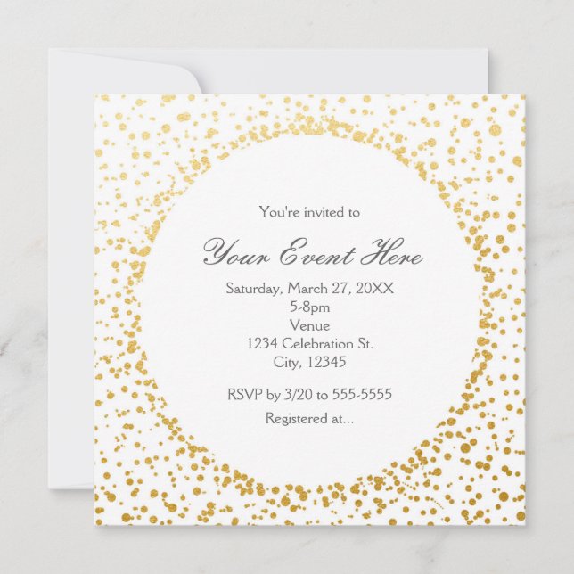 Convite Branco Elegante Glamour Confete Dourado (Frente)