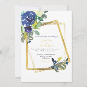 Convite Branco Floral Azul Escuro e Amarelo com Mo