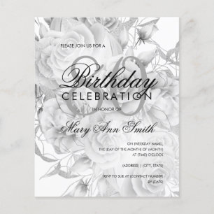 Convite Branco Floral de Prata Floral de Aniversár