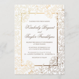 Convite branco floral Dourado do casamento vintage