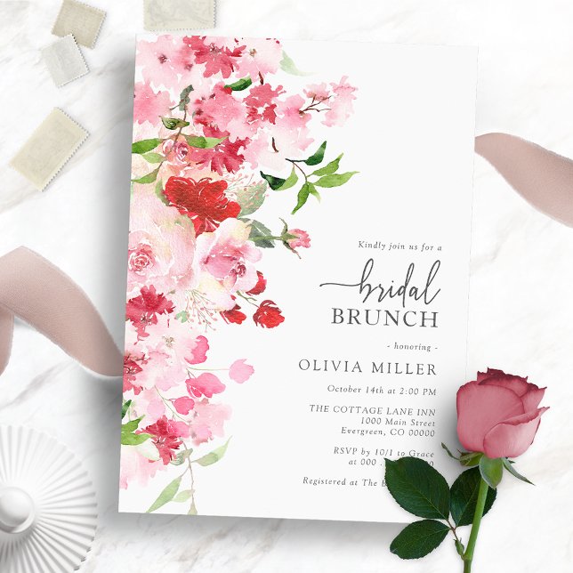 Convite Bridal Rosa Brunch (Red Pink Bridal Brunch Invitation - Watercolor Floral)