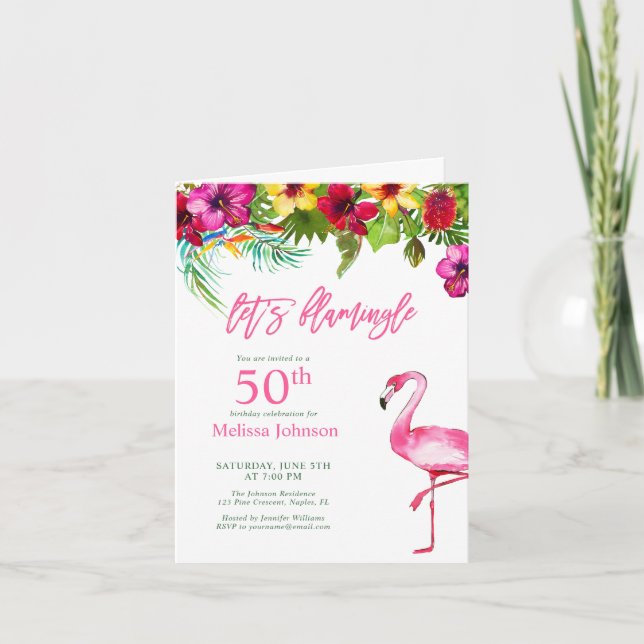 Convite Bright Tropical Pink Flamingo 50th Birthday (Frente)