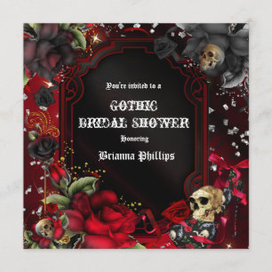 Convite Brilhante de Caveira Gótico com Rosas Verm