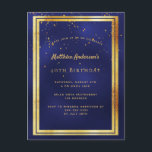 convite brilhante de ouro azul aniversário de 40 a<br><div class="desc">Um cartão de convite de festas moderno e moderno para homens, caras, homens. Um fundo azul escuro, azul marinho. A cor azul é irregular. Com uma falso moldura dourada e um sprinkle confetti de ouro, letras coloridas de ouro. Modelos para informações sobre a sua parte. Traseira: design de cartão postal...</div>