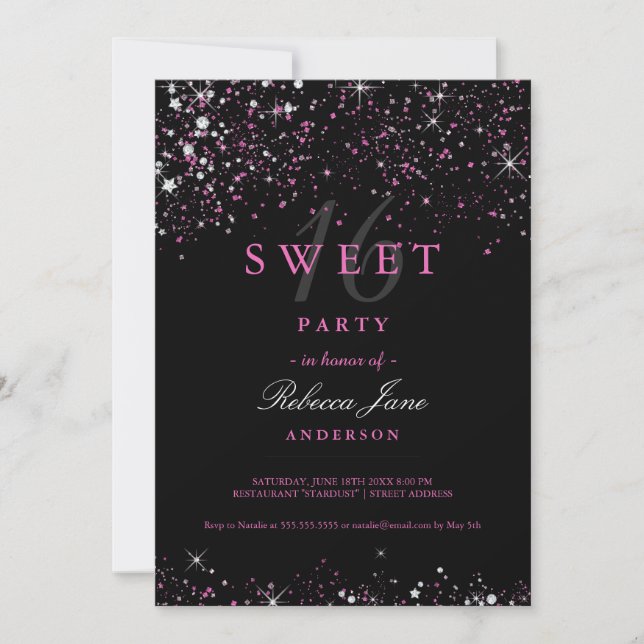 Convite Brilhante Sweet 16 Preto e Rosa (Frente)