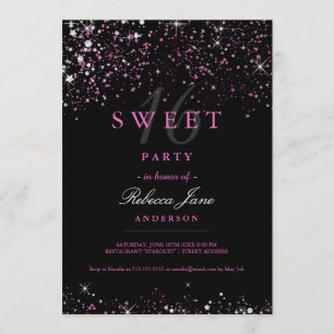 Convite Brilhante Sweet 16 Preto e Rosa