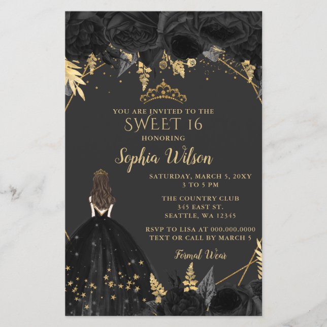 Convite Budget Black Gold Princess SWEET 16 (Frente)