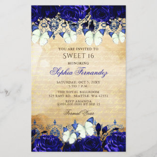 Convite Budget Royal Blue Butterfly Sweet 16