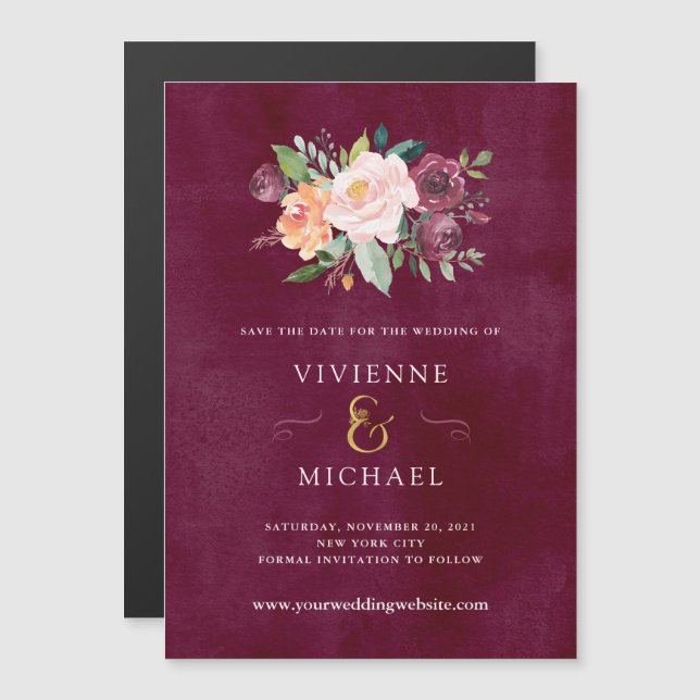 Convite Burgundy Blush | Casamento Floral Salvar a Data (Frente/Verso)