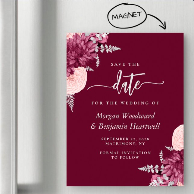 Convite Burgundy Blush Silver Floral Wedding Save the Date (Criador carregado)