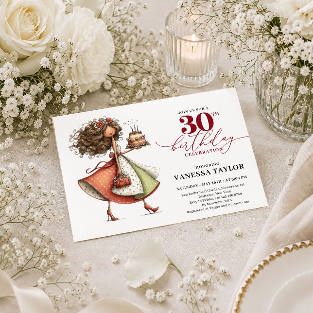Convite Burgundy de 30 Anos Chic e Caprichoso para (Chic Whimsical Woman 30th Birthday Burgundy Invite

)