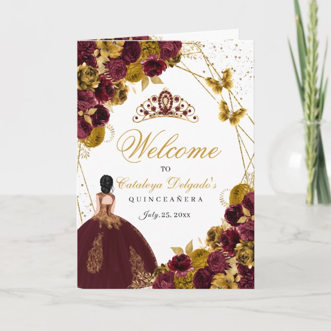 Convite Burgundy e Dourada Borboleta Quinceanera (Frente)