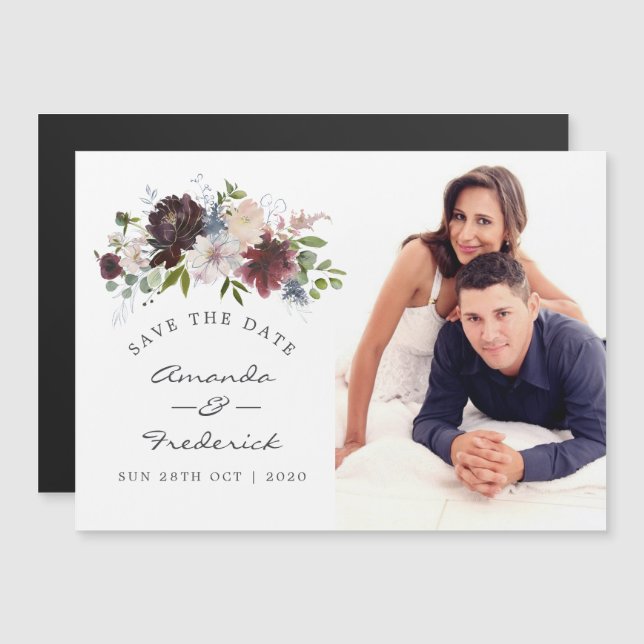 Convite Burgundy e Naval Floral Casamento Salve a Data (Frente/Verso)