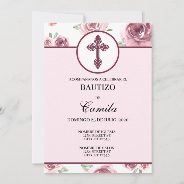 CONVITE BURGUNDY FLORAL BAPTISM (Frente)