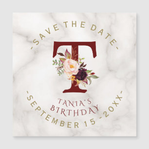 Convite Burgundy Floral Dourada Marble Birthday Salvar Dat