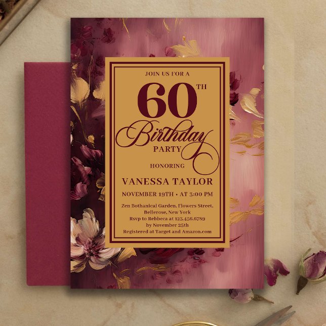 Convite Burgundy Floral Dourado Romântico para 60  (Romantic 60th Birthday Burgundy Floral Gold Invitation)