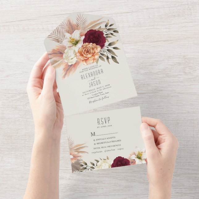 Convite Burgundy Floral Greenery Tudo-em-Um (Aba destacável)