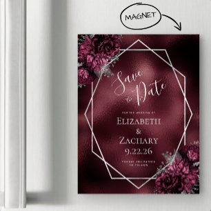 Convite Burgundy Foil Floral Prata Casamento Save the Date
