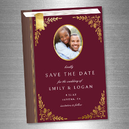 Convite Burgundy Gold Book Wedding Save The Date Card